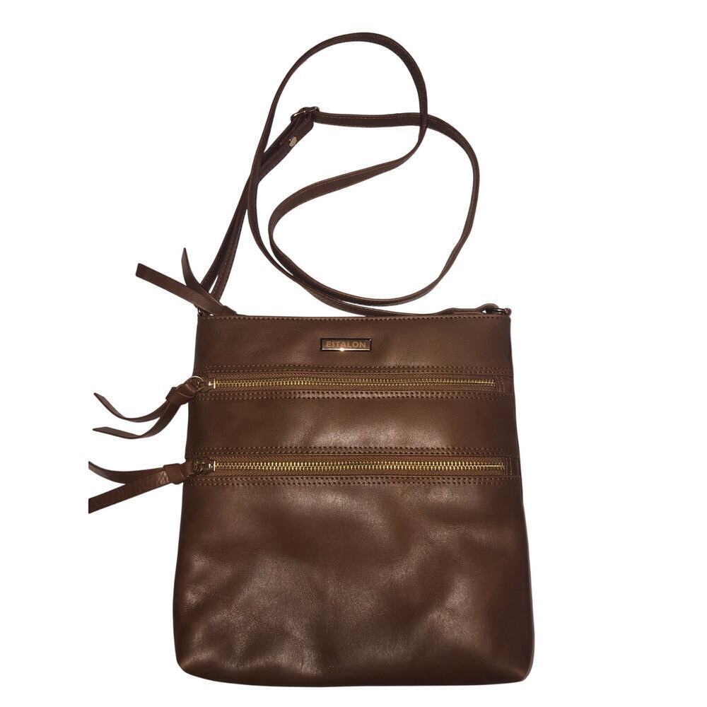 Estalon Brown Crossbody Leather Bag Outside Zip Pockets Gold Hardware Adjustable